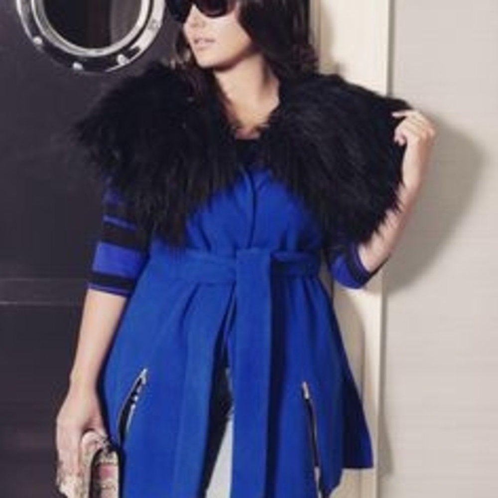 Chic Blue Coat with Black Fur Accent